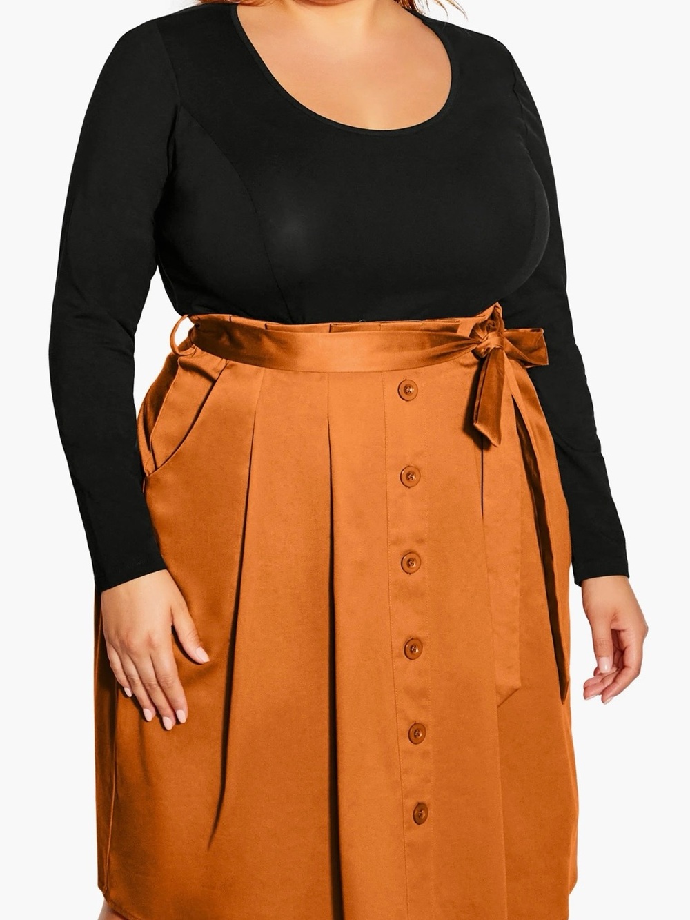 City chic‎ Button-Front Midi Skirt with Self-Tie Waist in Rust